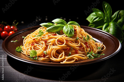 Italian pasta on plate with basil leaves. Spaghetti bolognese on dark background.