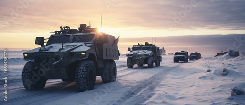 military equipment moves across a snowy plain, generative ai 