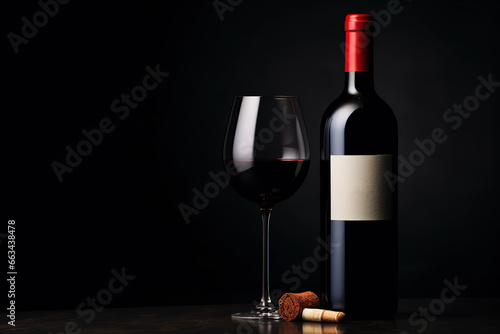 red wine bottle with medium empty label on a dark background, generative ai 