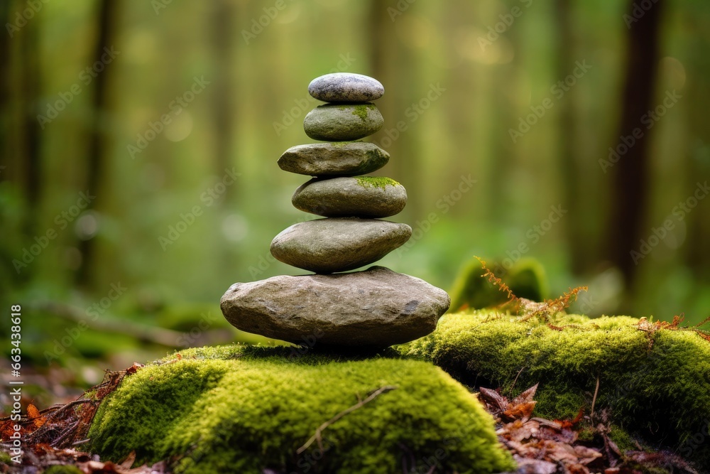 Pyramid stones balance on old mossy fallen tree. Pyramid stones balance on old mossy fallen tree.