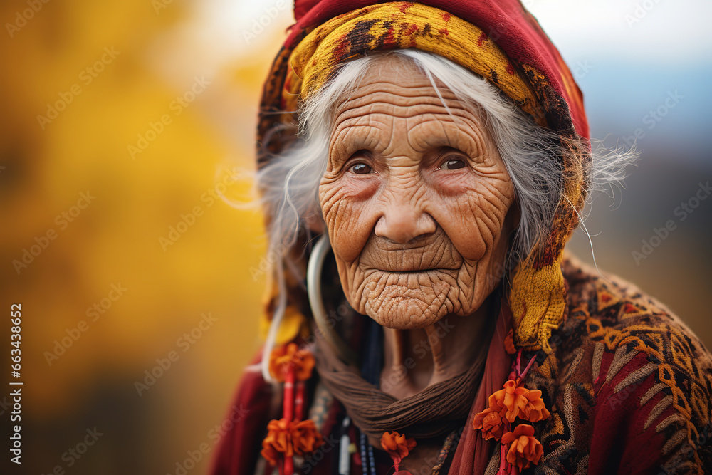 portrait of old woman in autumn, generative ai 