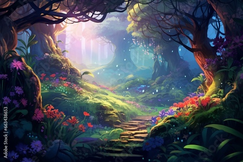 Lively forest with vibrant colors, dreamlike plants, and misty ambiance. Artful 2D representation. Generative AI