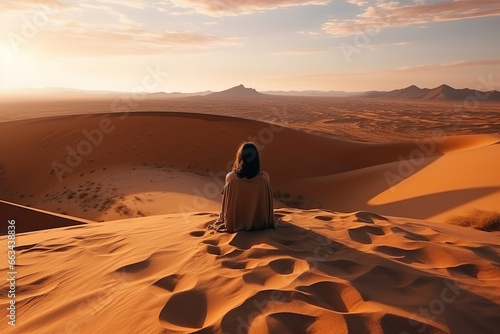 Woman sitting alone on the ridge of a dune in the desert  generative ai 