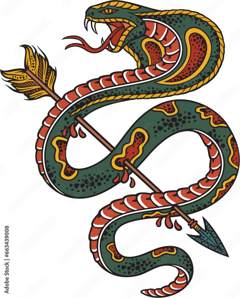 Cobra Snake pierced with an Arrow Color. Old School Style Tattoo. Vector Illustration. Cobra Snake pierced with an Arrow Color. Old School Style Tattoo. Vector Illustration.