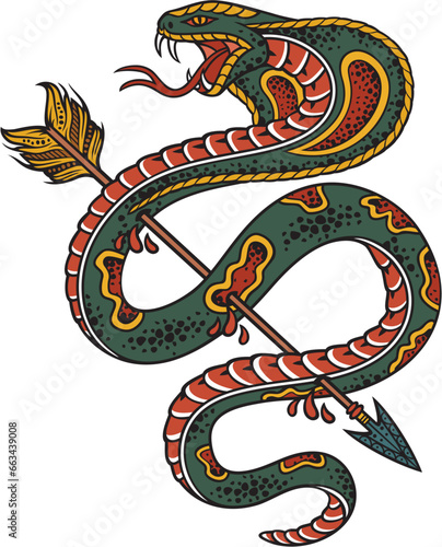 Cobra Snake pierced with an Arrow Color. Old School Style Tattoo. Vector Illustration.