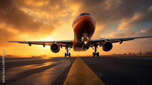 Skyward View of Airplane Landing at Dusk with Gleaming Metal Surfaces and Wingtip Lights