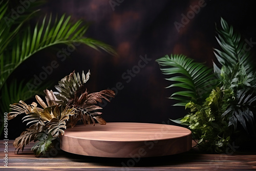Round podium cut from wood and tropical plants on a dark background ai generated