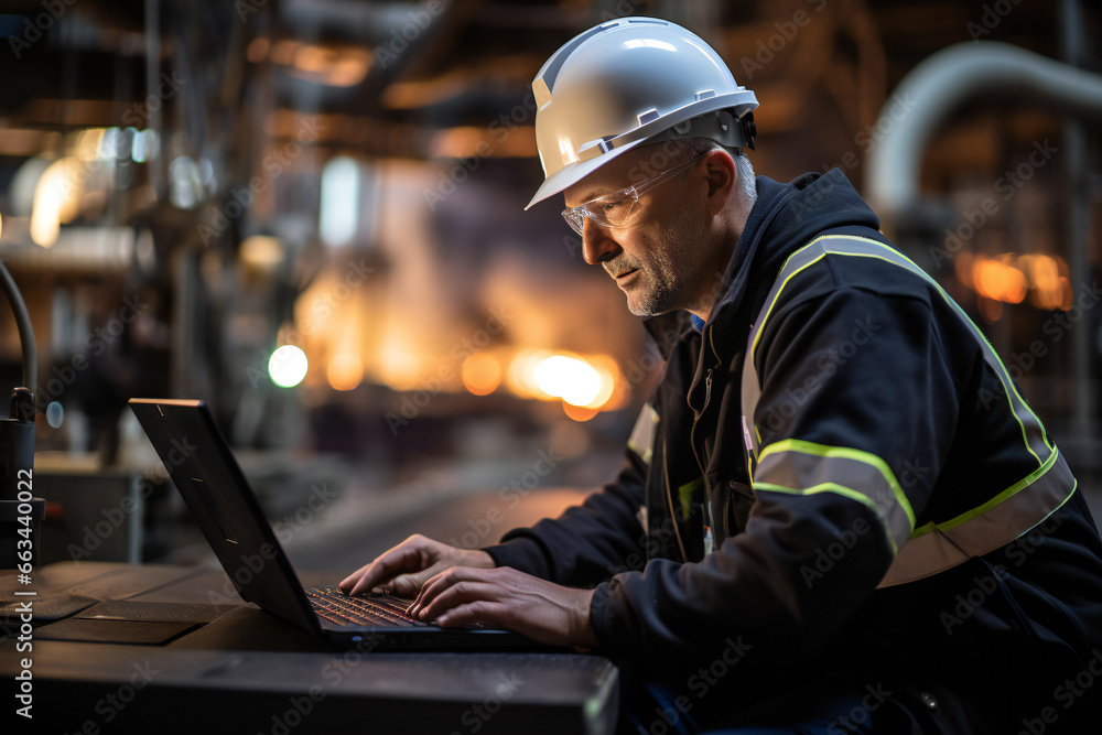 a factory worker at an oil refinery using a laptop computer for maintenance tasks,ai generated a factory worker at an oil refinery using a laptop computer for maintenance tasks,ai generated