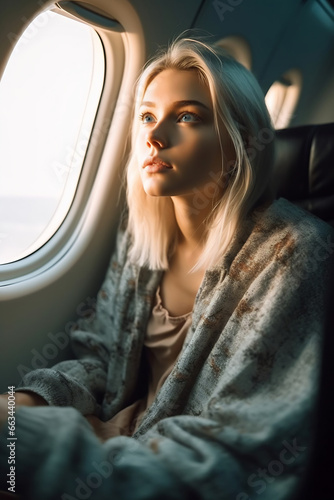 Young woman on passenger seat near window in airplane © Canvas Alchemy