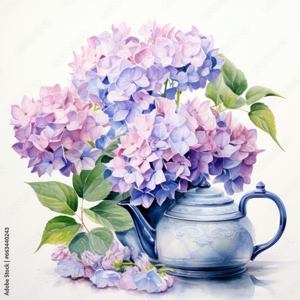 custom made wallpaper toronto digitalWatercolor hydrangeas in teapot isolated on white background.