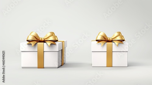 Two white gift boxes with golden bows on a gray background. Banner copy space. Ai generative  © mariof