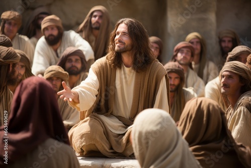 Jesus Christus lehrt und unterrichtet sein Volk und Jünger im Tempel, mit einer Menschenmenge von Zuhörern  photo