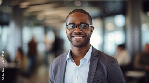 A close-up of a professional African American man wearing glasses, multicultural business people, with copy space, blurred background
