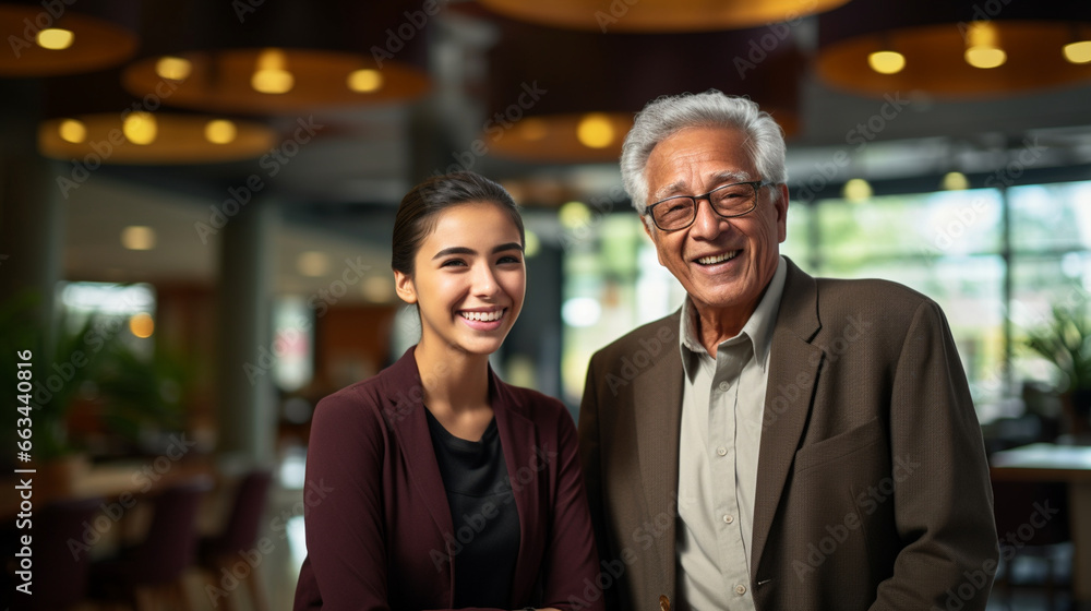 A senior executive mentoring a young Hispanic intern, multicultural business people, with copy space, blurred background A senior executive mentoring a young Hispanic intern, multicultural business people, with copy space, blurred background