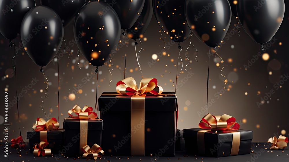 Black Friday sale banner with ballon and gift box space for text. Black Friday sale banner with ballon and gift box space for text.
