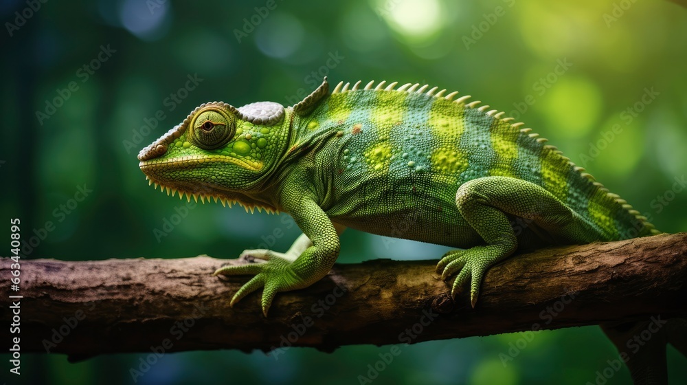 Obraz premium Chameleon reptile perches on a branch.
