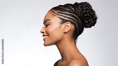 beautiful black african american woman with curly long braids and bun. perfect face structure. sharp jawline looking left side profile, generative ai photo