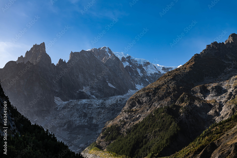 Panorama of the Monte Bianco Massif in the Italian Alps, Aosta Valley, Italy