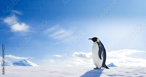 Penguin standing in Antarctica looking into the blue sky.