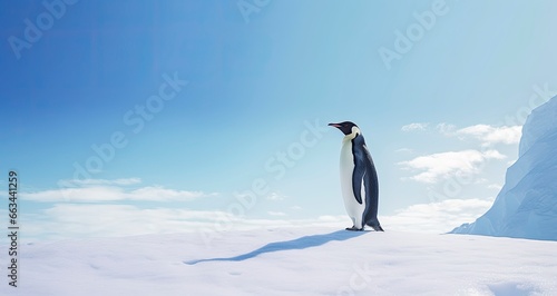 Penguin standing in Antarctica looking into the blue sky.