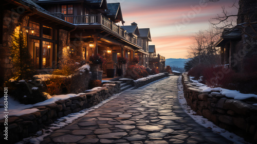 Mountain ski resort chalets - cabins - vacation - holiday - getaway - trip - travel - cobblestone - stone 