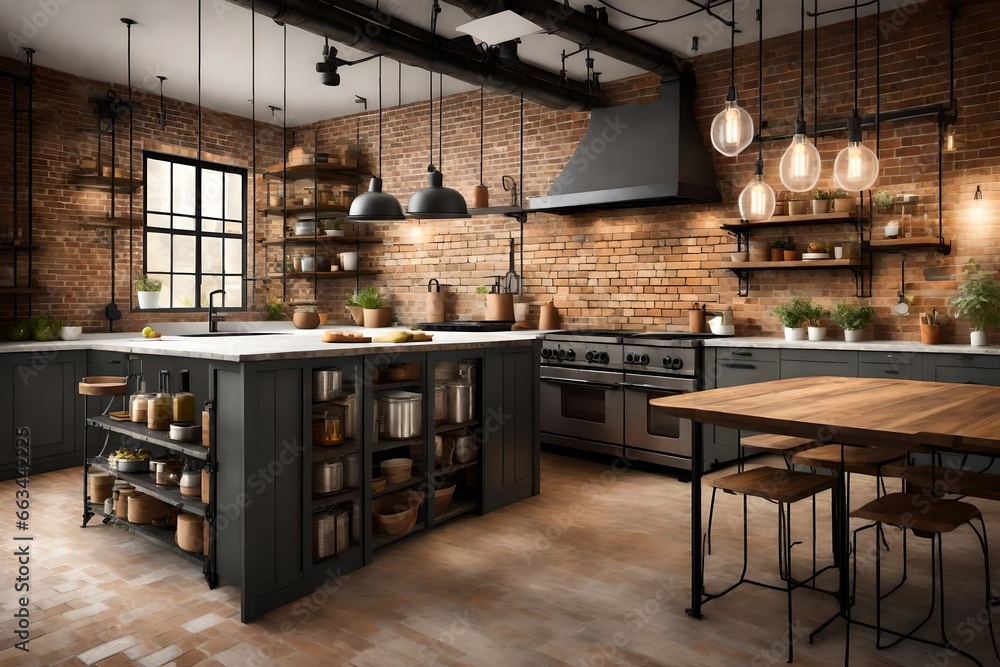 : Industrial-style kitchen with  brick walls, metal shelving, and industrial lighting.