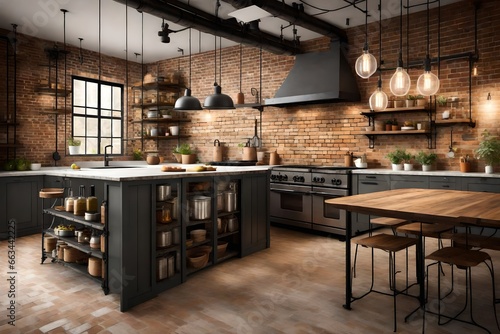 : Industrial-style kitchen with  brick walls, metal shelving, and industrial lighting. © ZeSHAN