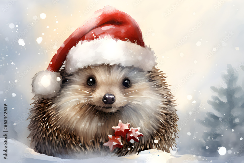 Winter Bliss, Cheerful Hedgehog in a Santa Claus Hat in a Snowy Wonderland Winter Bliss, Cheerful Hedgehog in a Santa Claus Hat in a Snowy Wonderland