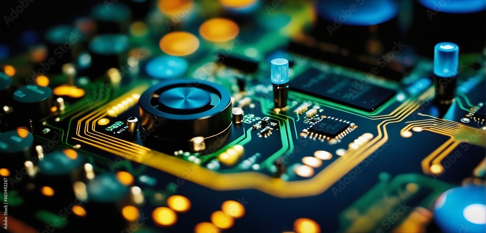 Close up of electronic circuit board. A chaotic mix of tech components in vibrant colors, overlaid with abstract circuit patterns Close up of electronic circuit board. A chaotic mix of tech components in vibrant colors, overlaid with abstract circuit patterns