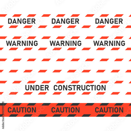 Red caution seamless tape. Prioritizing safety: restricted access, construction zone, warning signs. Flat vector illustration.