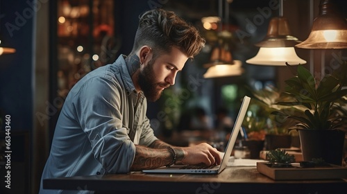 Man with tattoo working with a laptop at evening cafe with lights.