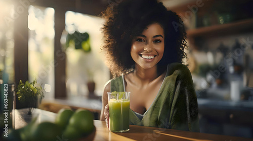 black woman smiling and drinking her green detox juice  healthy table  conscious eating  detoxification with juices