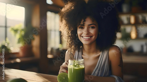 black woman smiling and drinking her green detox juice, healthy table, conscious eating, detoxification with juices photo