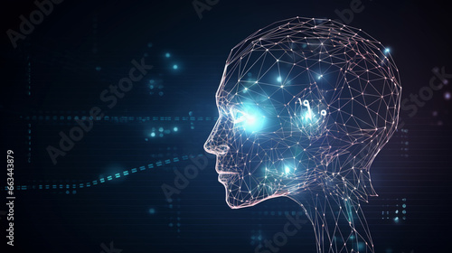 Future AI tech machine learning, face outline circuit board and binary data flow on dark background. cyber mind Human fast digital computing, robot revolution, artificial intelligence. Generated AI