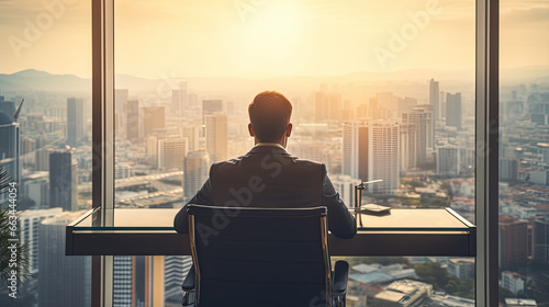 Business man looking at the city through a large window © The Stock Photo Girl