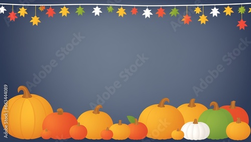 A Blue Background With A Bunch Of Pumpkins And A String Of Fall Leaves
