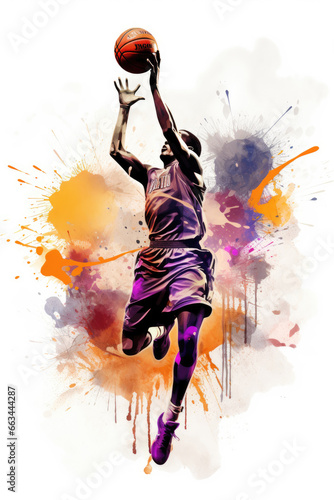 Illustration of a basketball player jumping with a ball towards a basketball hoop. Red, yellow and purple watercolor splashes.