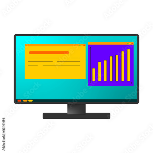 Vector image of a computer monitor with text and graph on the screen.