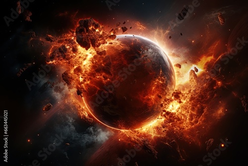 Burning planet after being hit by asteroid. Ai generative