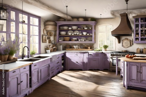  French countryside kitchen with a Provencal style, lavender accents, and rustic charm.