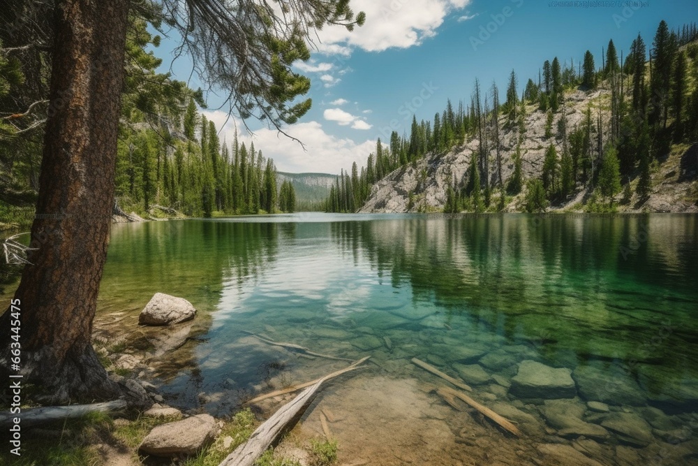 Scenic mountain lake in Yellowstone, Wyoming surrounded by trees. Generative AI