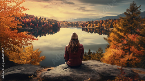 A woman with long hair observes the autumn landscape of a forest and a lake.nature.autumn. Rear view. Generative AI