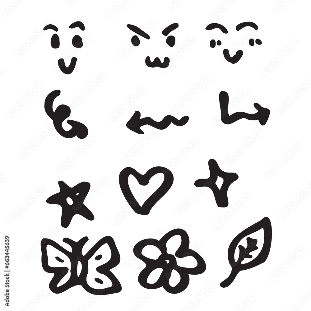vector random smile, arrow, start, heart, love, butterfly, shinning, flower, leaves