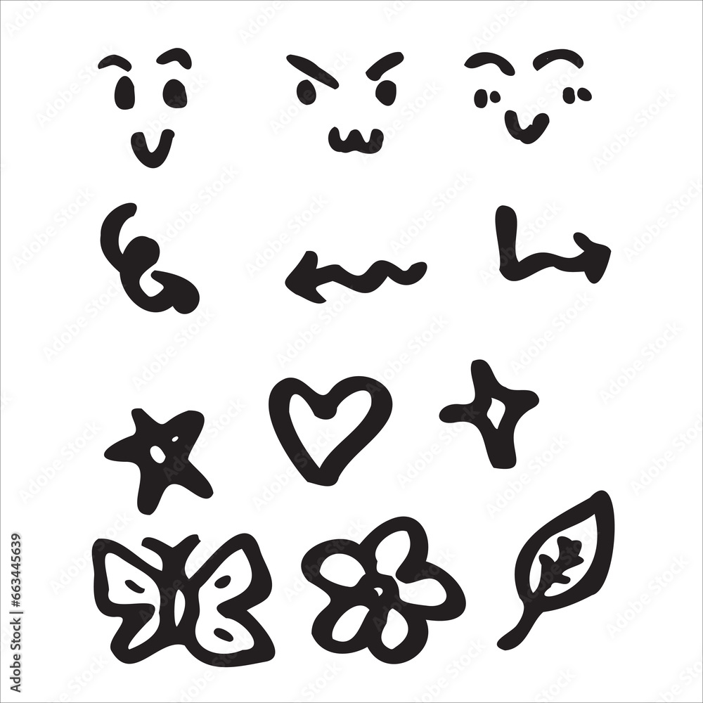 vector random smile, arrow, start, heart, love, butterfly, shinning, flower, leaves vector random smile, arrow, start, heart, love, butterfly, shinning, flower, leaves