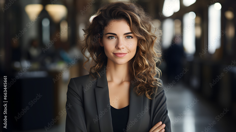 business woman standing with her arms crossed. looking camera at office background business woman standing with her arms crossed. looking camera at office background