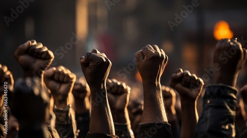 Cropped photo of arms raised in protest. Group of protestors fists raised up in the air.