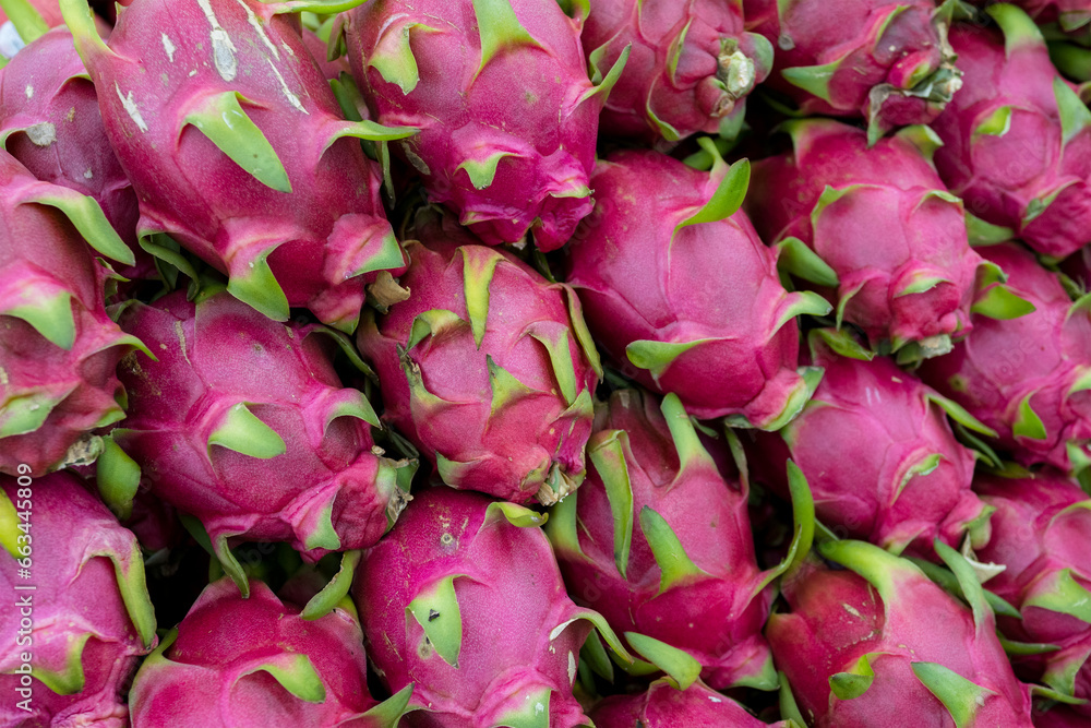 Dragon fruit are stacked in supermarket