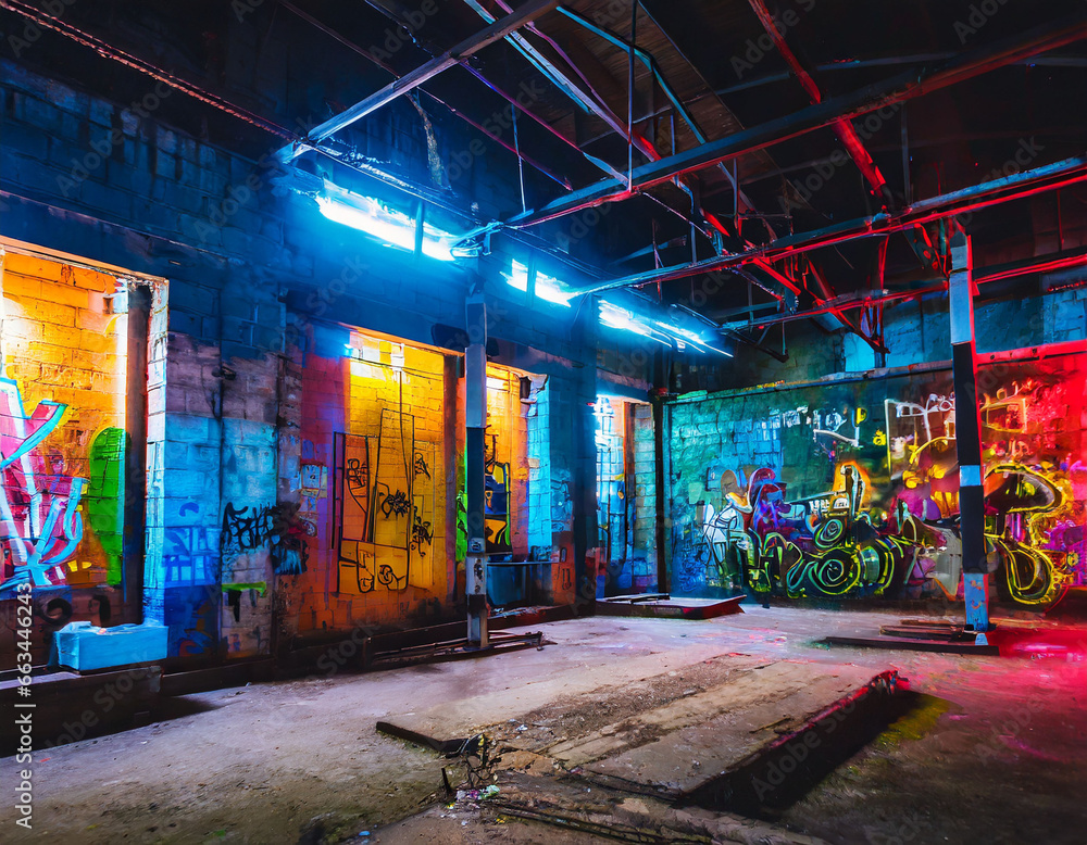 Abandoned factory building with many graffiti on the walls at night, A vivid haunting image of an abandoned nightclub. Dark, graffiti-covered walls frame the dimly lit space