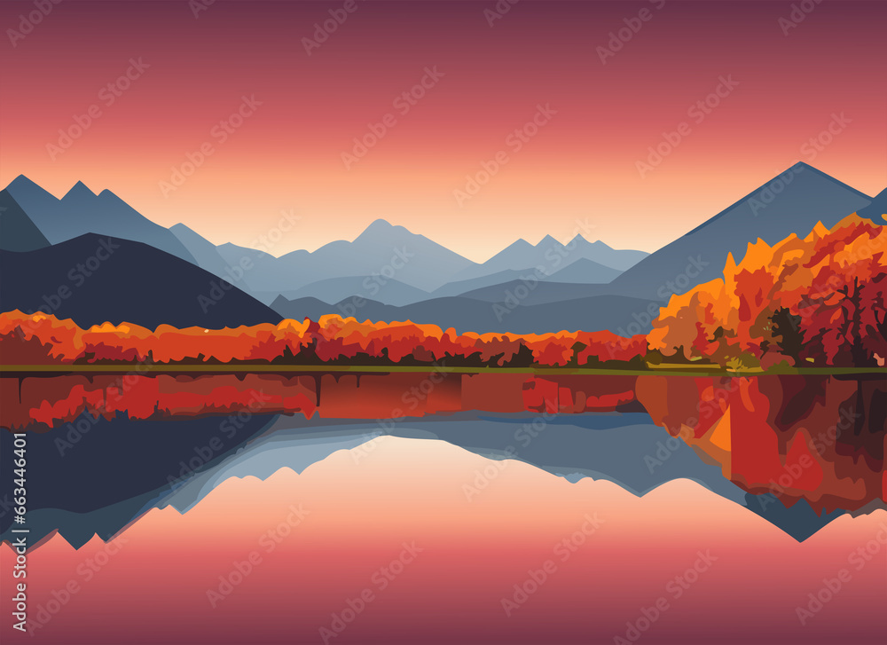 Tranquil autumn morning landscape with snow capped mountain, lake and forest.