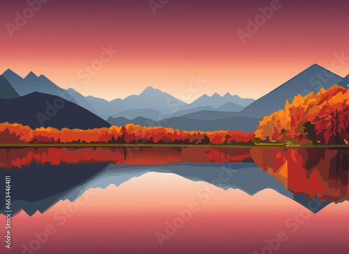 Tranquil autumn morning landscape with snow capped mountain  lake and forest.